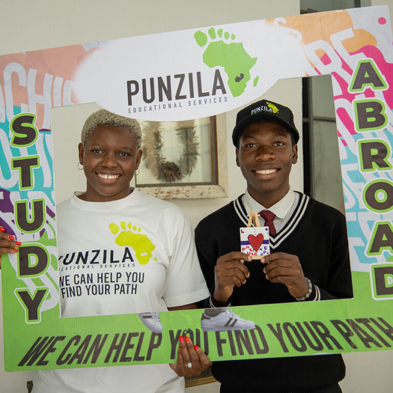 Student and parent celebrating a university offer in the Punzila photo frame
